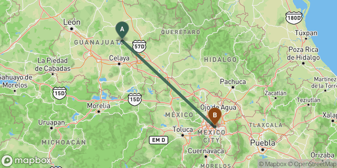 Map showing route from San Miguel de Allende to Mexico City - 242 km