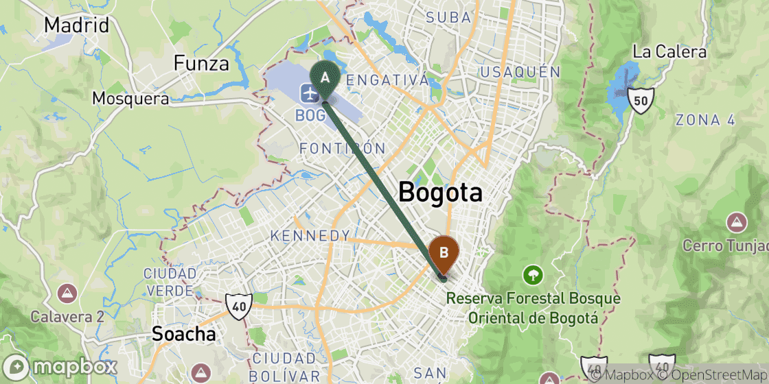 Map showing route from Bogota Airport to Bogota City Centre - 15 km