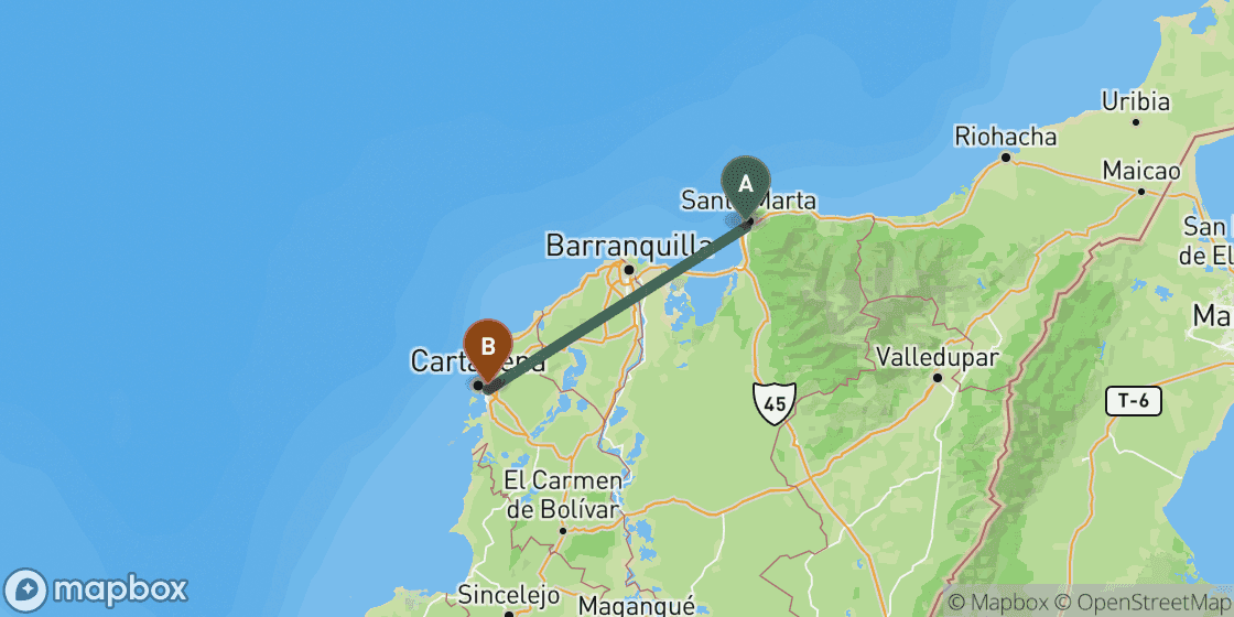 Map showing route from Santa Marta to Cartagena - 170 km