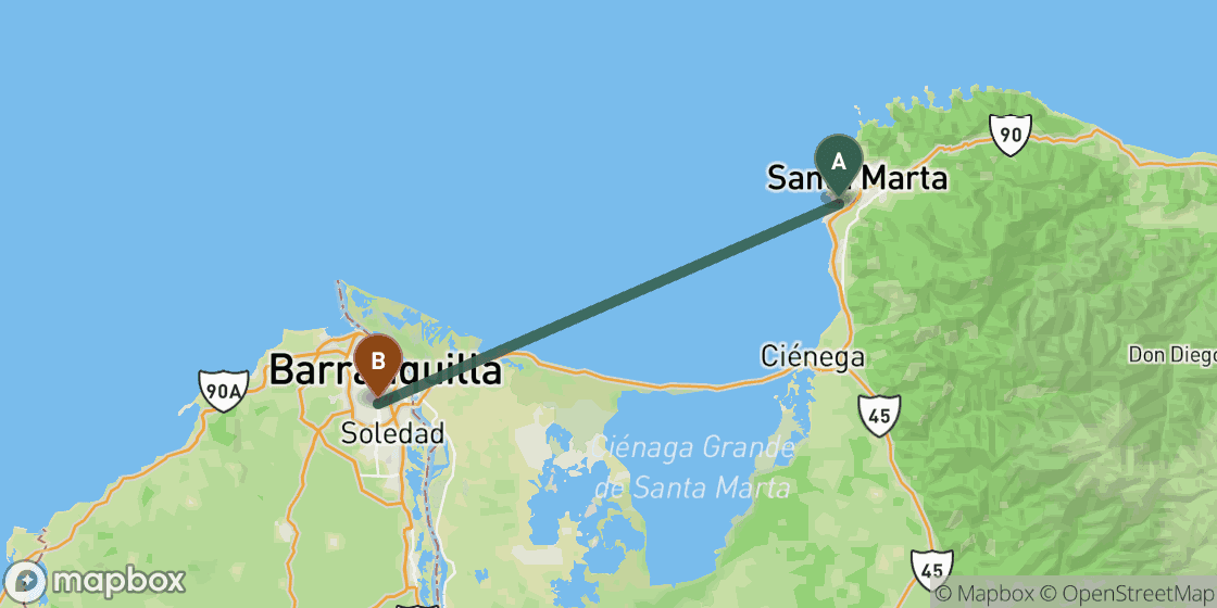 Map showing route from Santa Marta to Barranquilla - 71 km