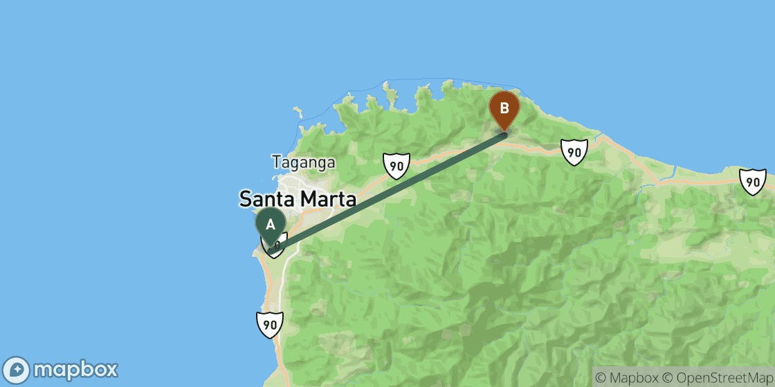 Map showing route from Santa Marta to Tayrona - 32 km