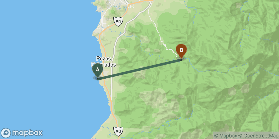Map showing route from Santa Marta to Minca - 14 km