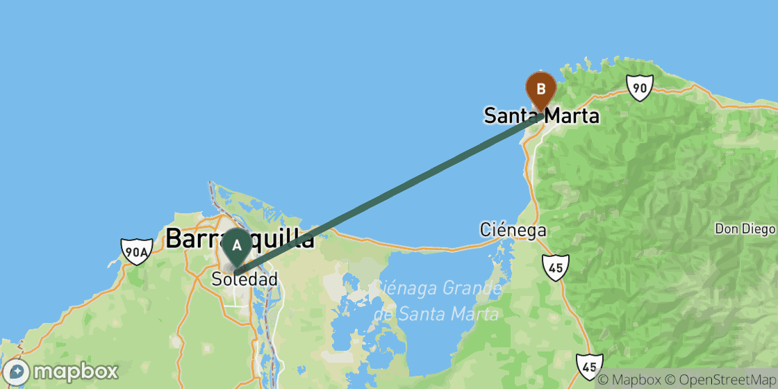 Map showing route from Barranquilla to Santa Marta - 71 km