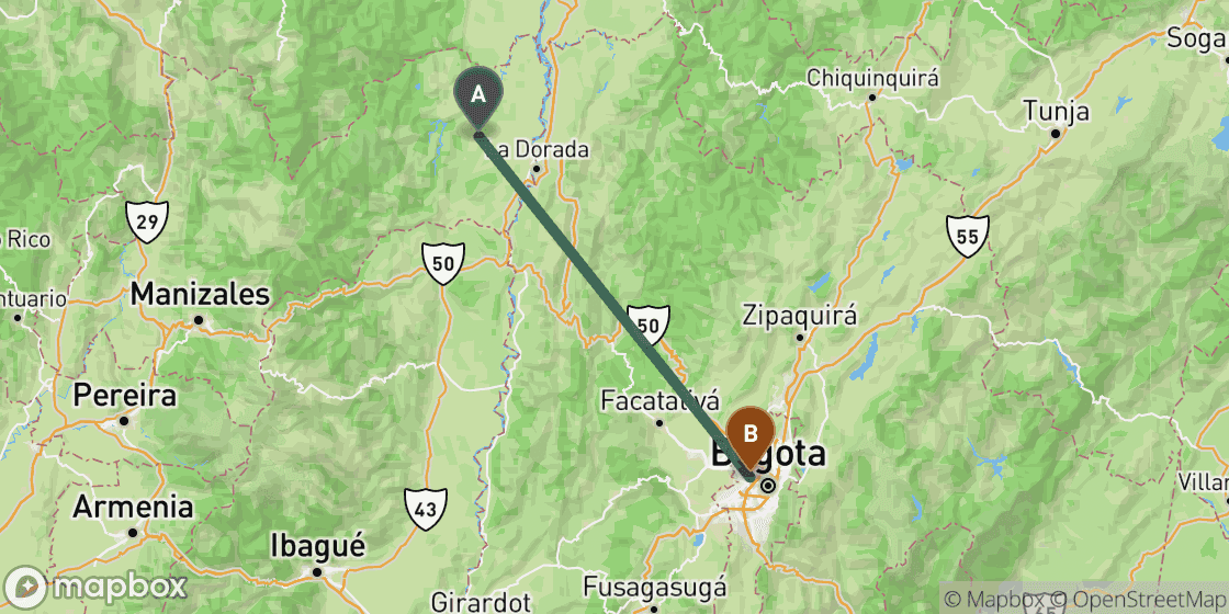 Map showing route from Medellin to Bogota - 246 km