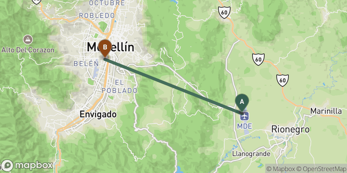 Map showing route from Medellin Airport to Medellin City Centre - 20 km