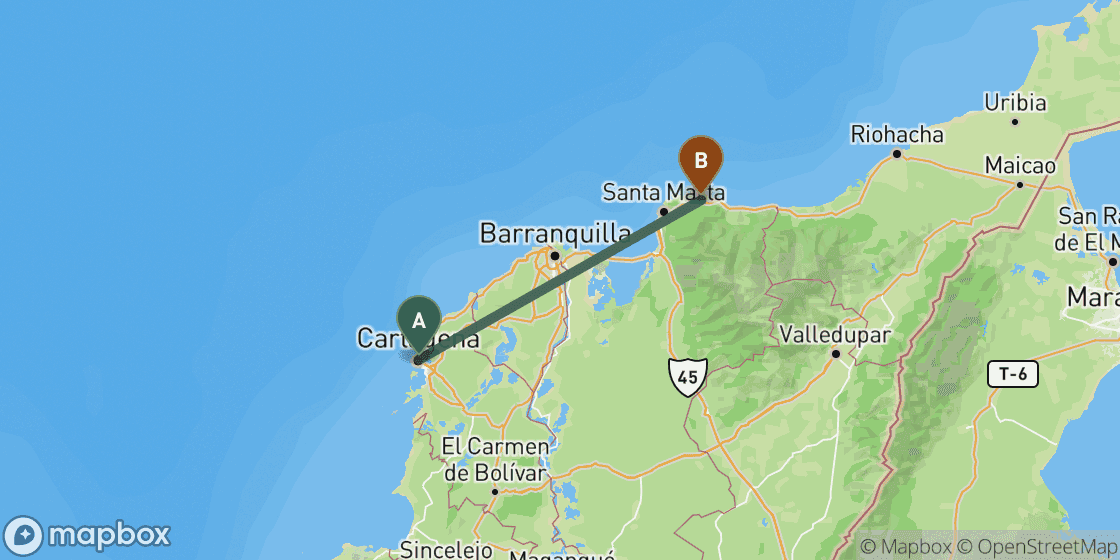 Map showing route from Cartagena to Tayrona - 200 km