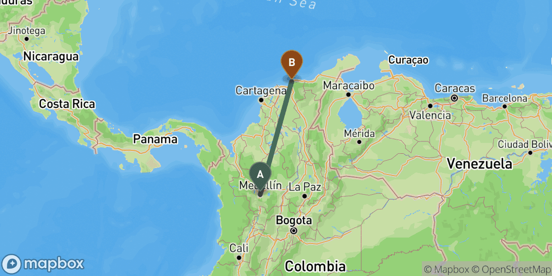 Map showing route from Medellin to Santa Marta - 574 km