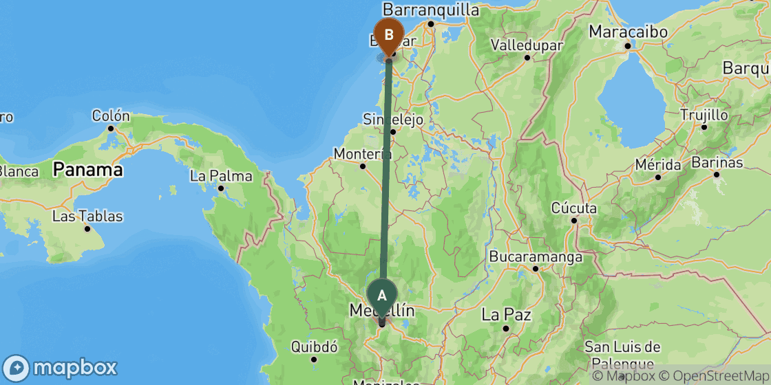 Map showing route from Medellin to Cartagena - 464 km