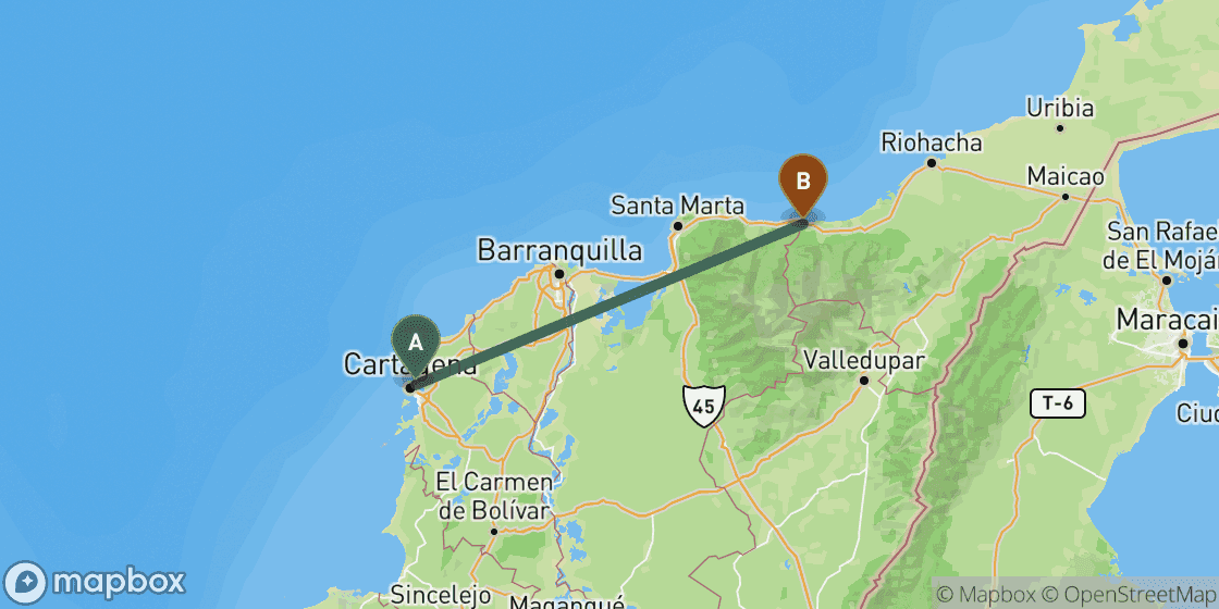 Map showing route from Cartagena to Palomino - 233 km