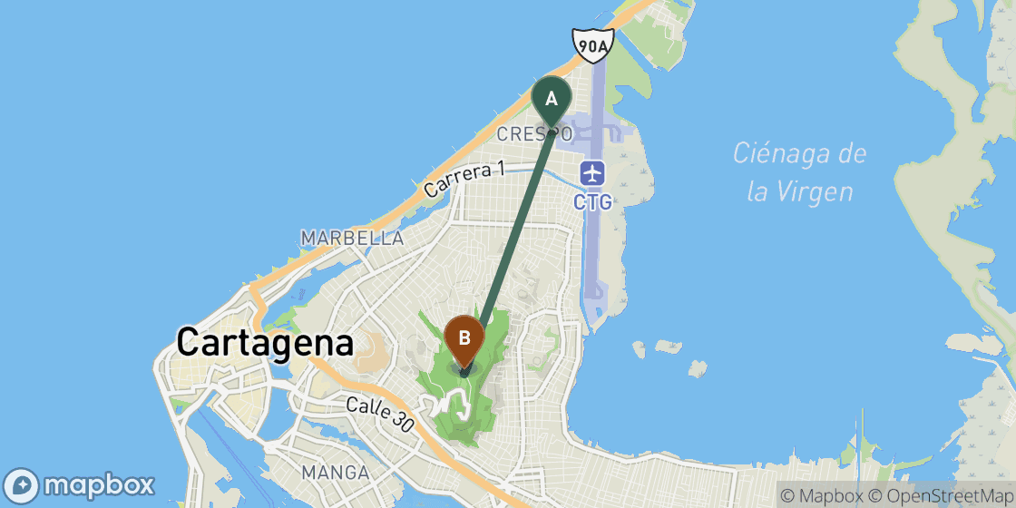 Map showing route from Cartagena Airport to Cartagena City Centre - 6 km