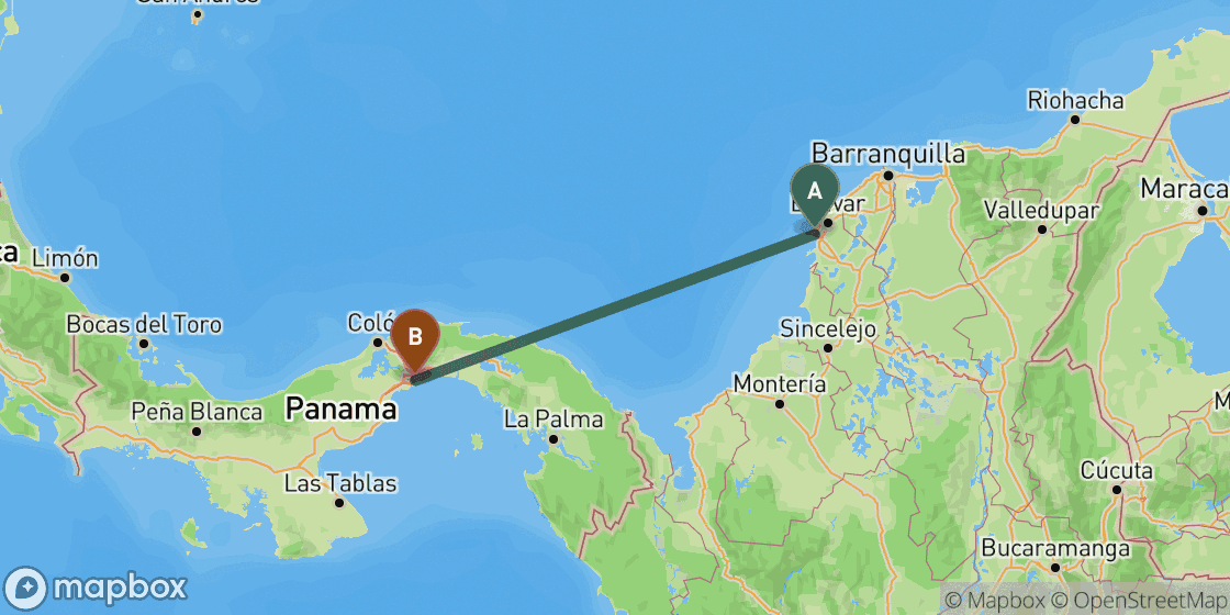 Map showing route from Cartagena to Panama City - 467 km