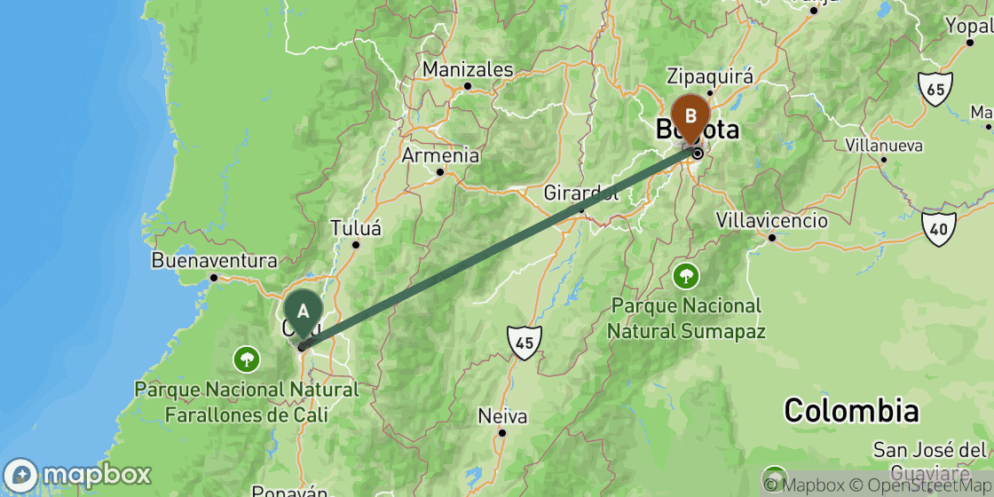 Map showing route from Cali to Bogota - 300 km