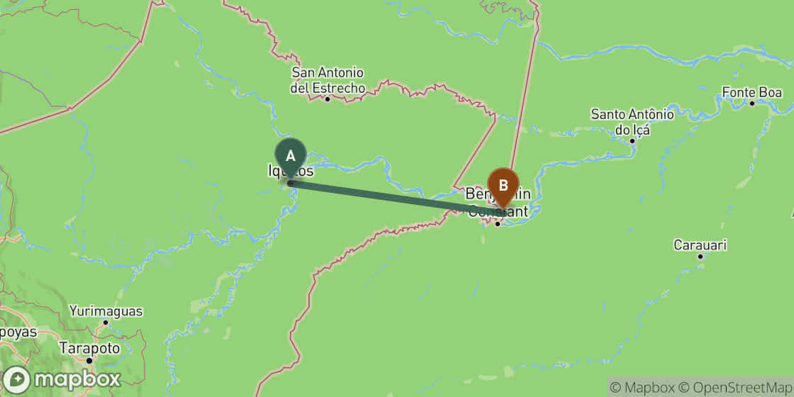 Map showing route from Iquitos to Leticia - 370 km