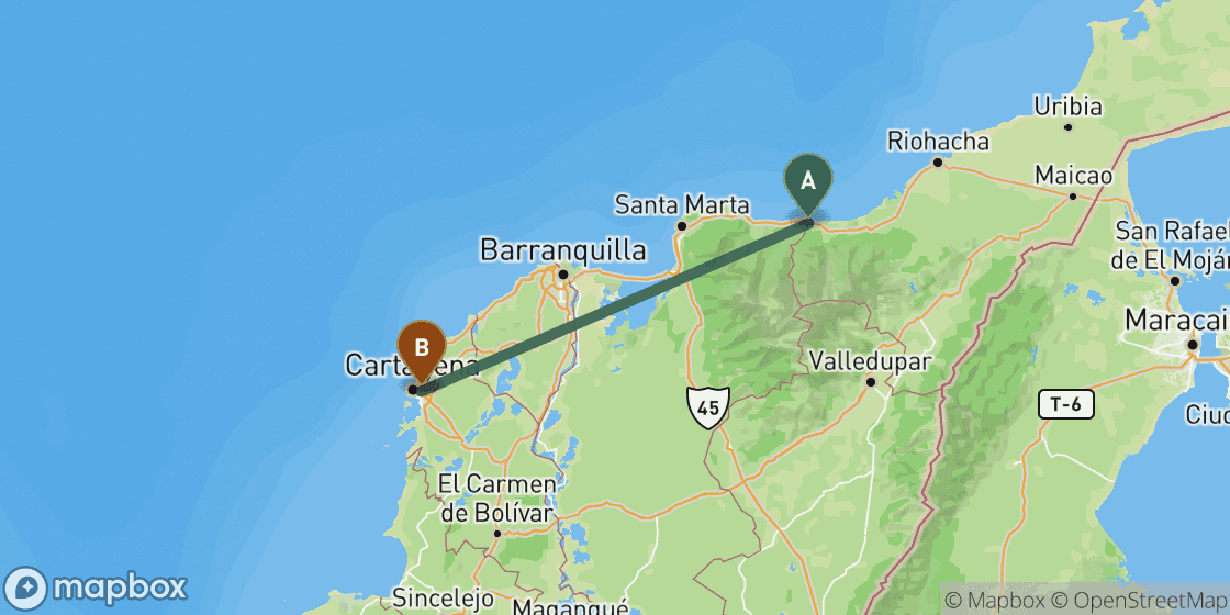 Map showing route from Palomino to Cartagena - 233 km