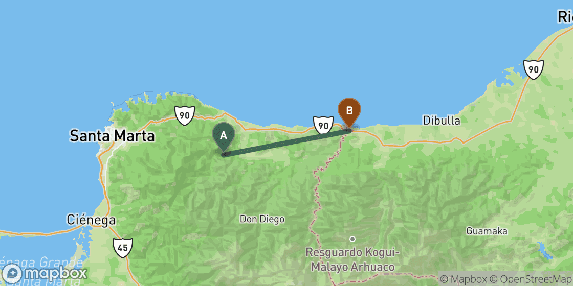 Map showing route from Santa Marta to Palomino - 70 km