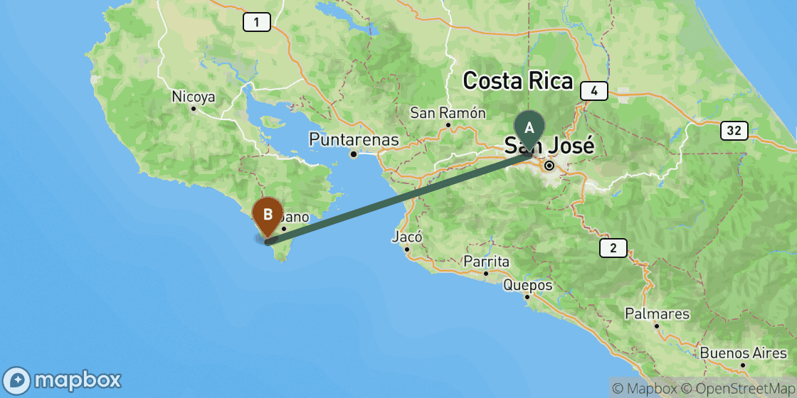 Map showing route from San Jose to Santa Teresa - 124 km