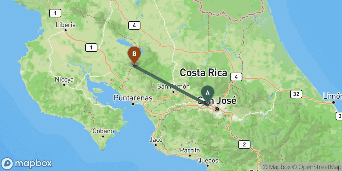Map showing route from San Jose to Monteverde - 90 km