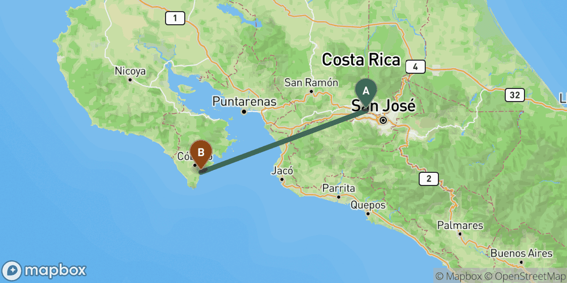 Map showing route from San Jose to Montezuma - 113 km