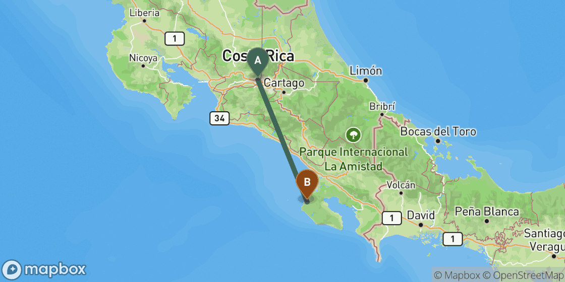 Map showing route from San Jose to Drake Bay - 146 km