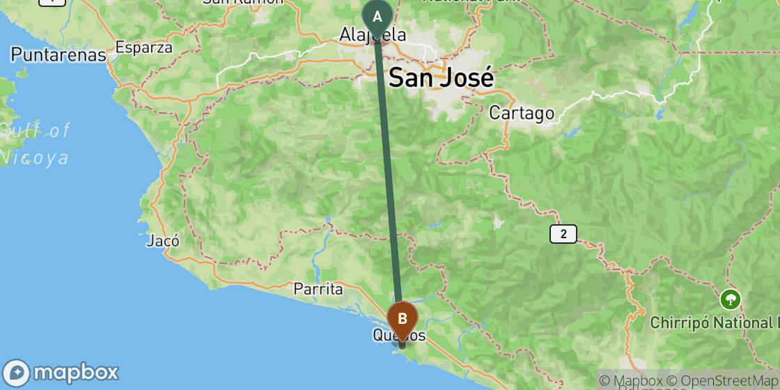 Map showing route from San Jose to Manuel Antonio - 59 km