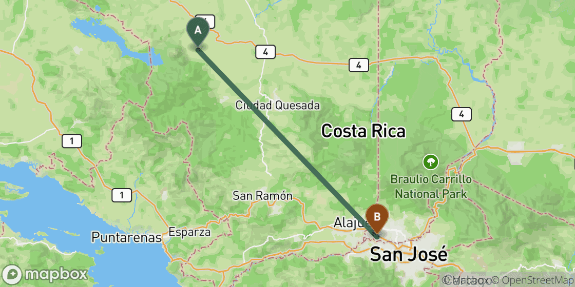 Map showing route from La Fortuna to San Jose - 86 km
