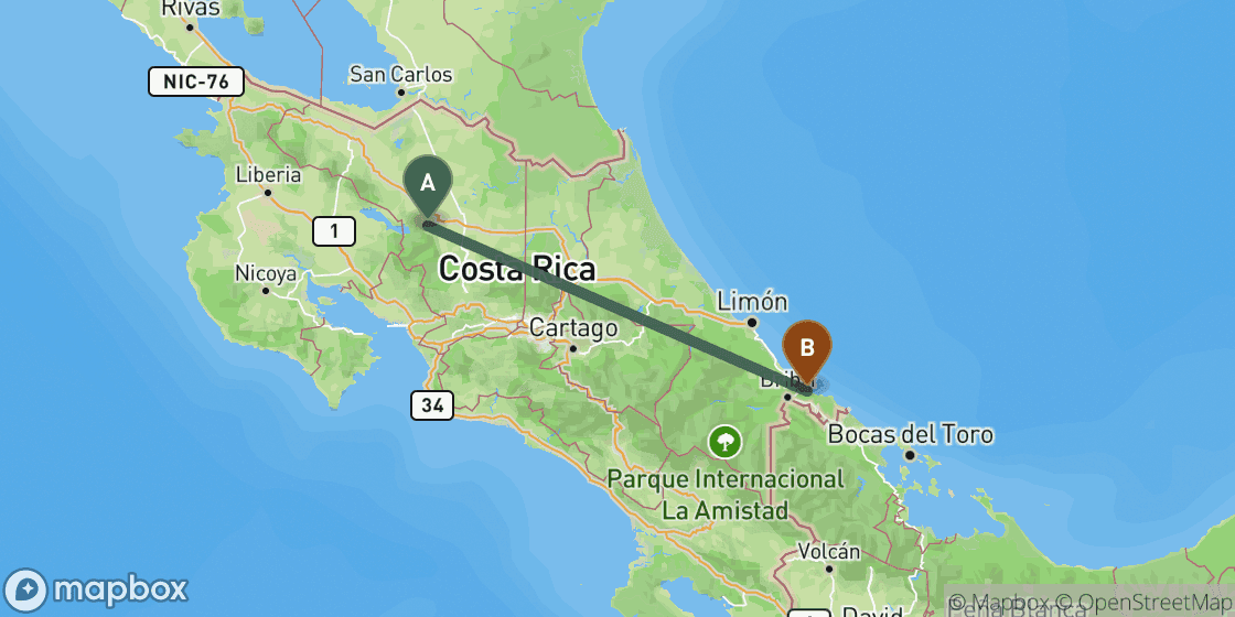 Map showing route from La Fortuna to Puerto Viejo de Talamanca - 226 km