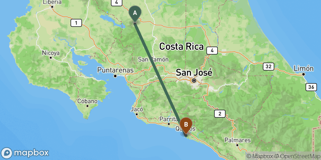 Map showing route from La Fortuna to Manuel Antonio - 129 km