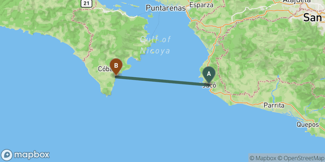 Map showing route from Jaco to Montezuma - 48 km