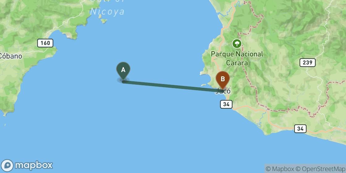 Map showing route from Montezuma to Jaco - 48 km