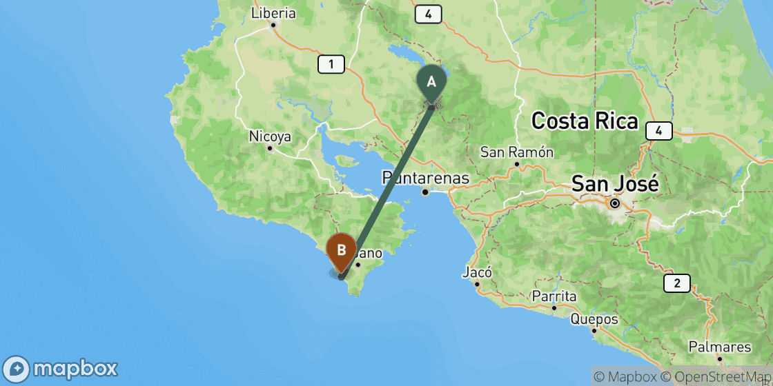 Map showing route from Monteverde to Santa Teresa - 83 km