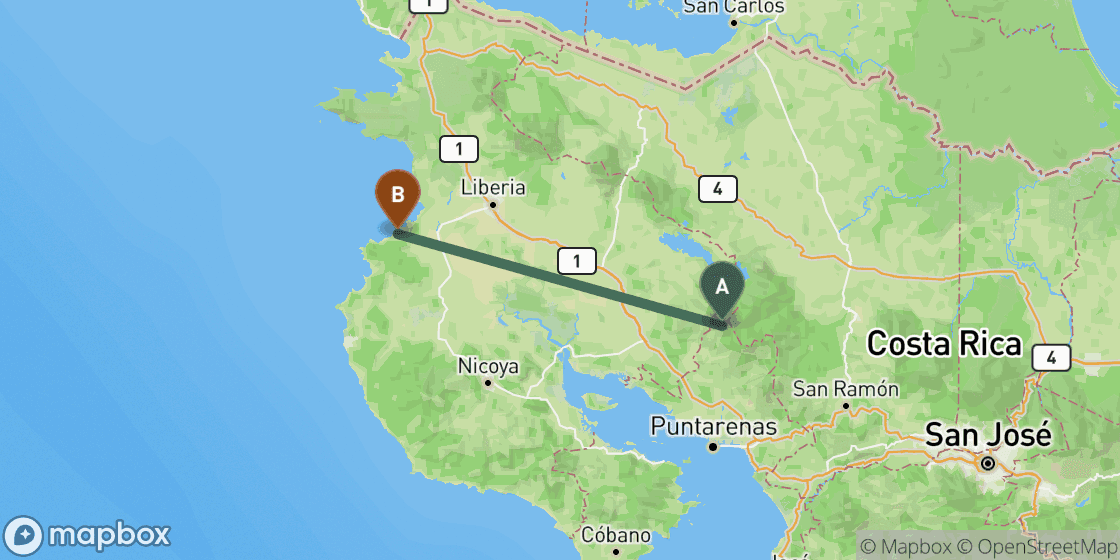 Map showing route from Monteverde to Playas del Coco - 101 km