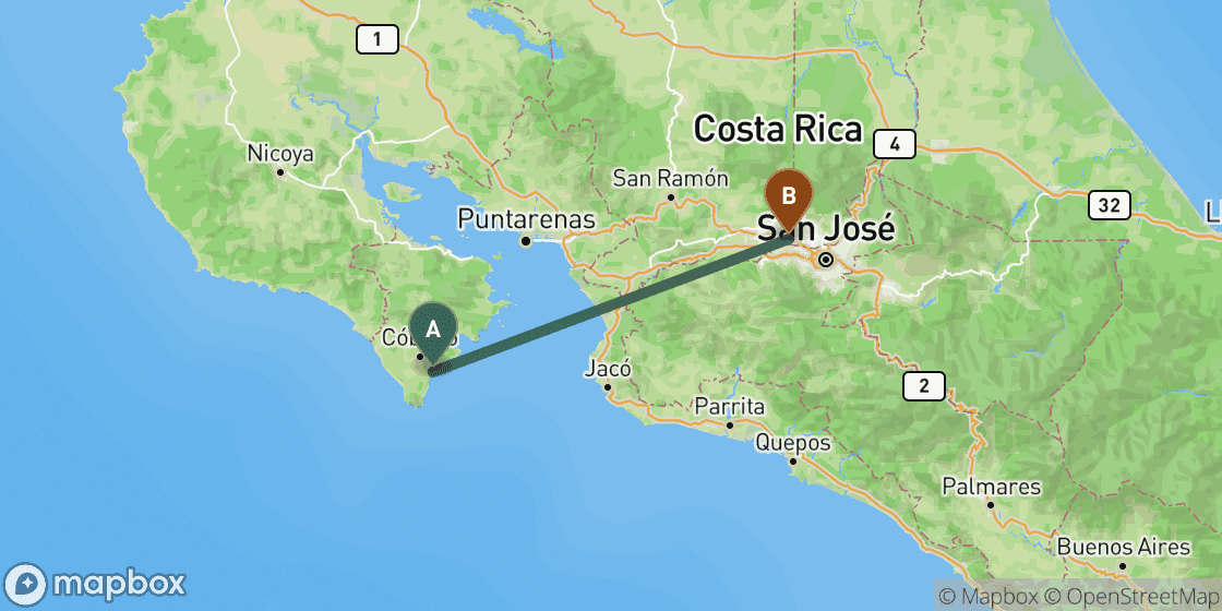 Map showing route from Montezuma to San Jose - 113 km