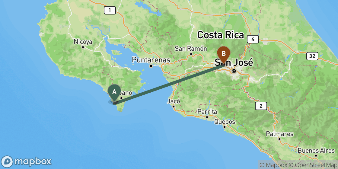 Map showing route from Santa Teresa to San Jose - 124 km