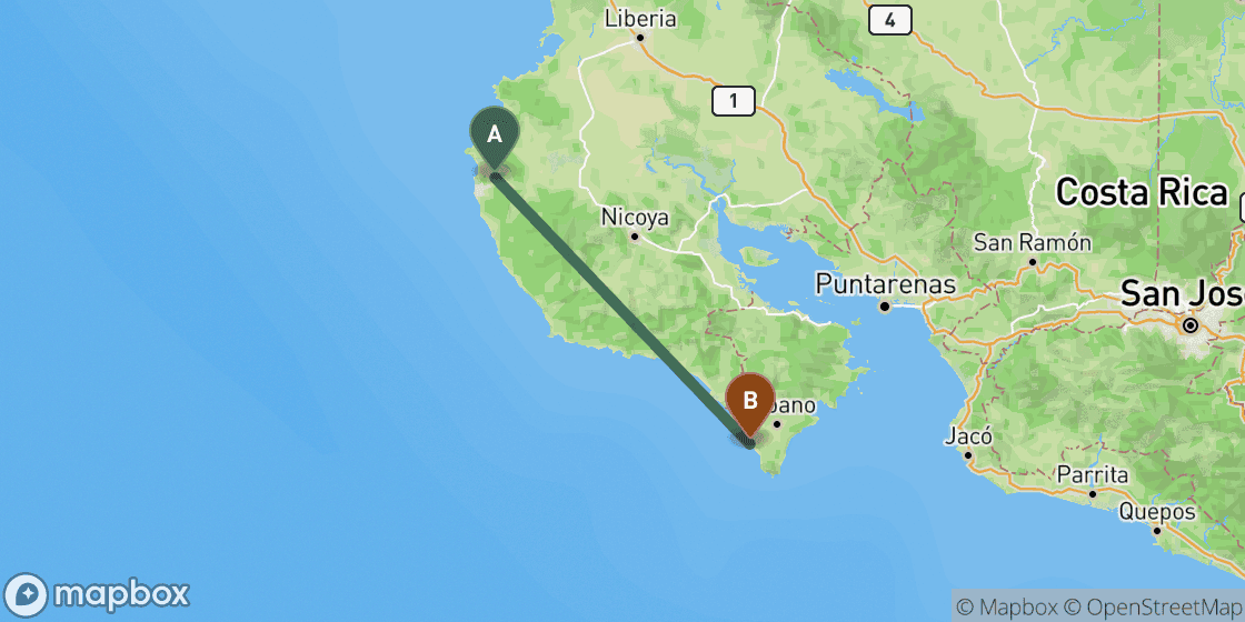 Map showing route from Tamarindo to Santa Teresa - 100 km