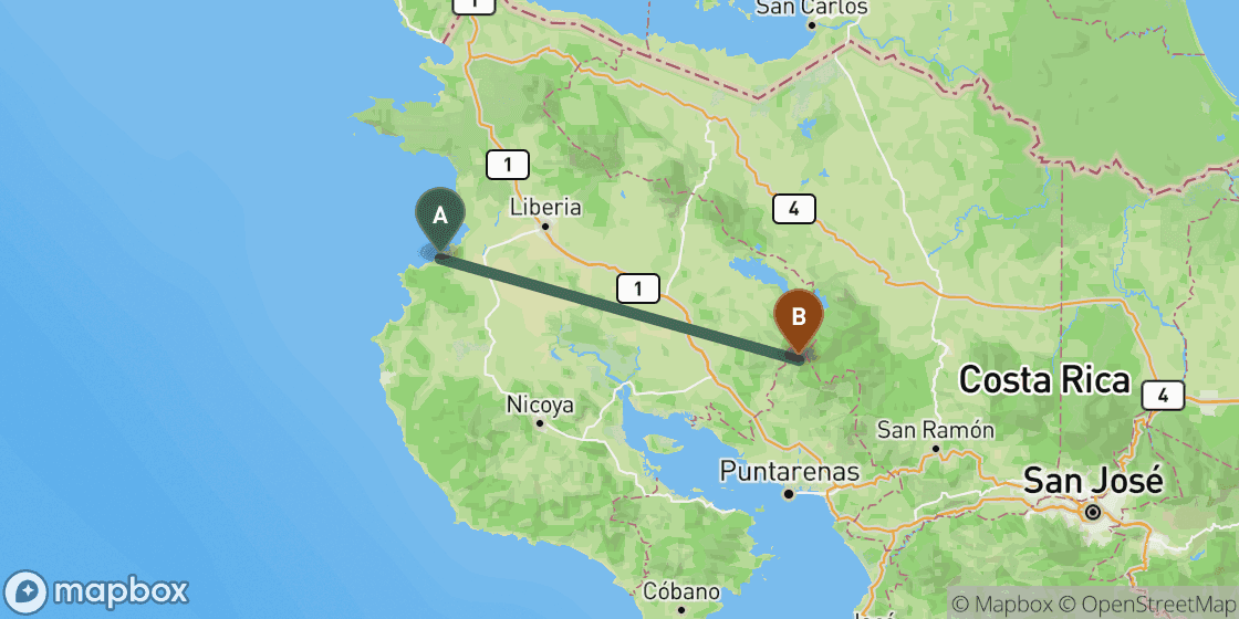 Map showing route from Playas del Coco to Monteverde - 101 km