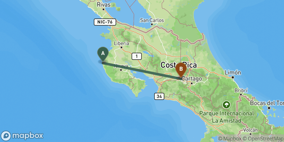 Map showing route from Tamarindo to San Jose - 192 km