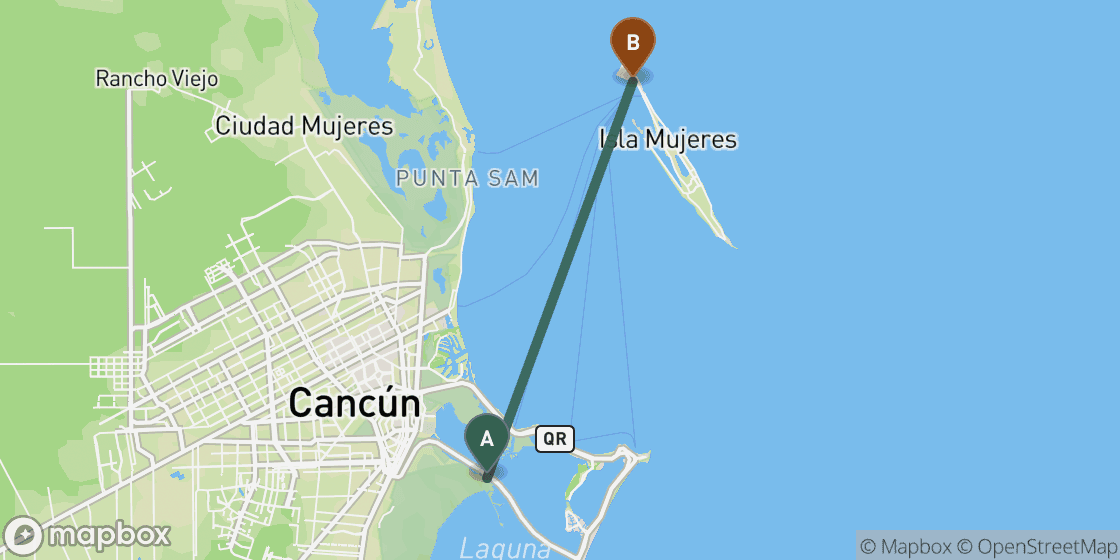 Map showing route from Cancun to Isla Mujeres - 12 km
