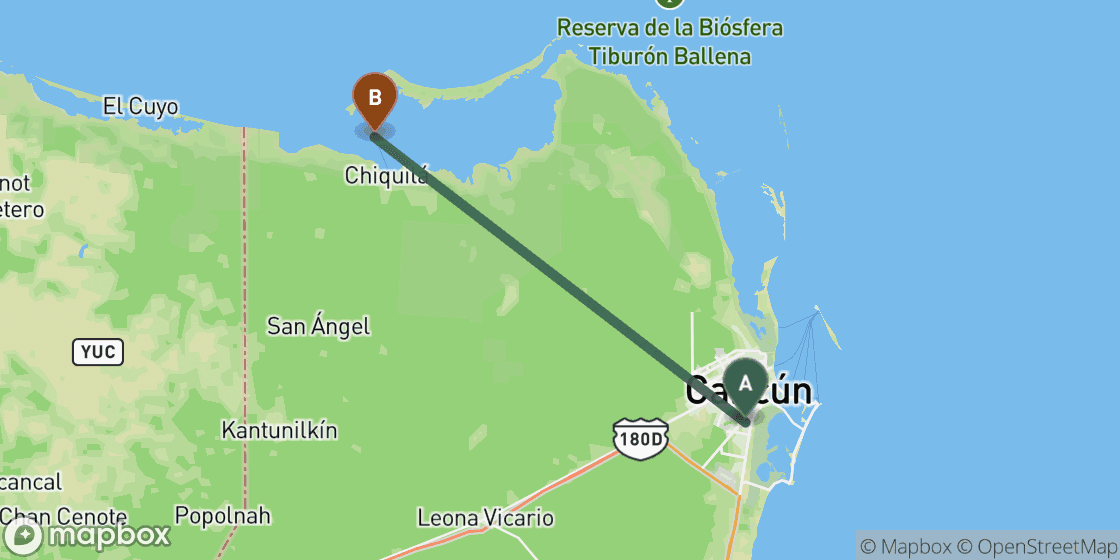 Map showing route from Cancun to Holbox - 70 km