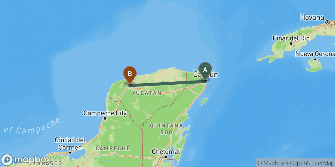 Map showing route from Cancun to Merida - 291 km