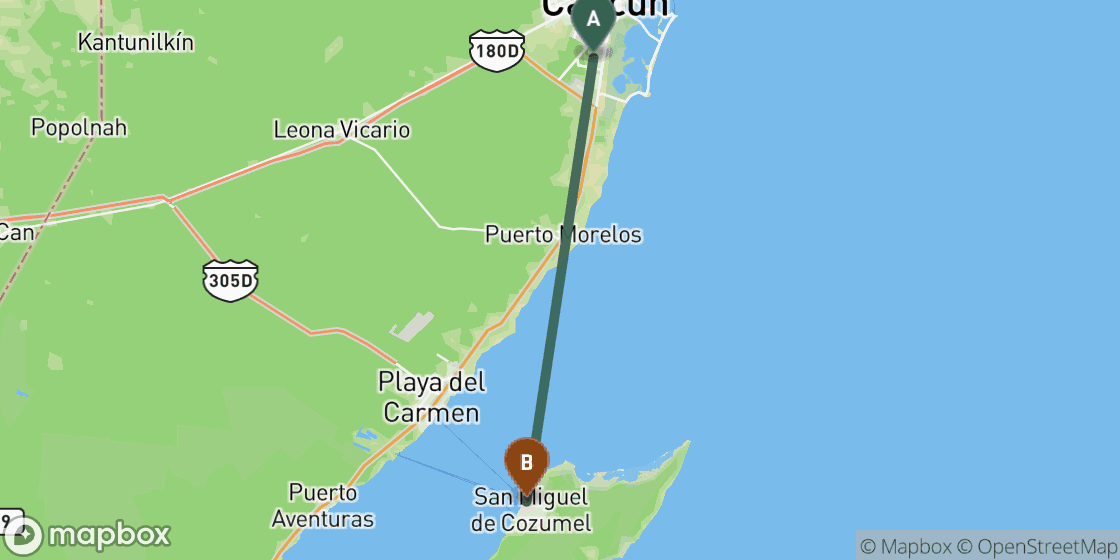 Map showing route from Cancun to Cozumel - 83 km