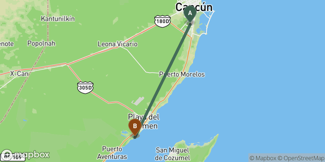 Map showing route from Cancun to Playa del Carmen - 65 km
