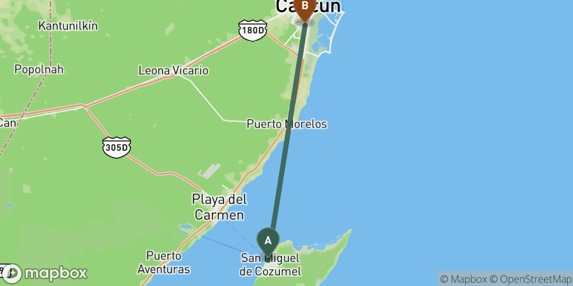 Map showing route from Cozumel to Cancun - 83 km