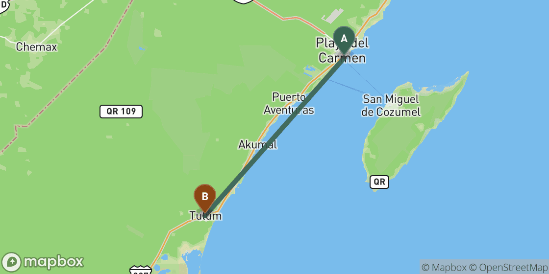 Map showing route from Playa del Carmen to Tulum - 62 km
