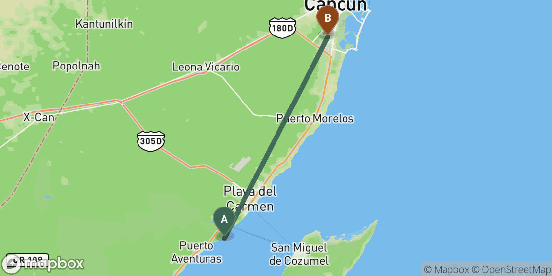 Map showing route from Playa del Carmen to Cancun - 65 km