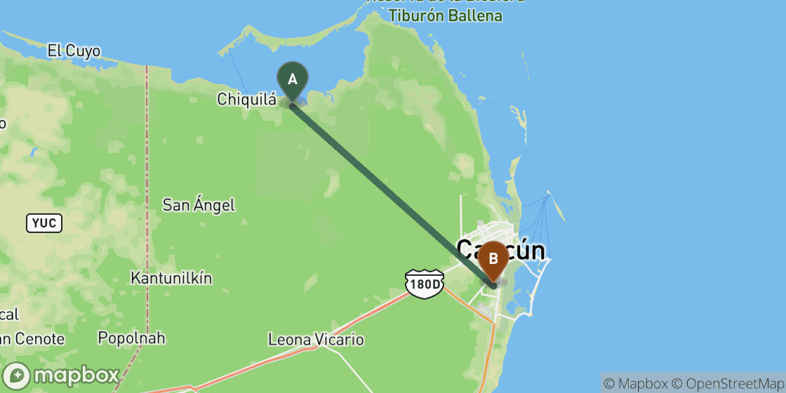 Map showing route from Holbox to Cancun - 70 km