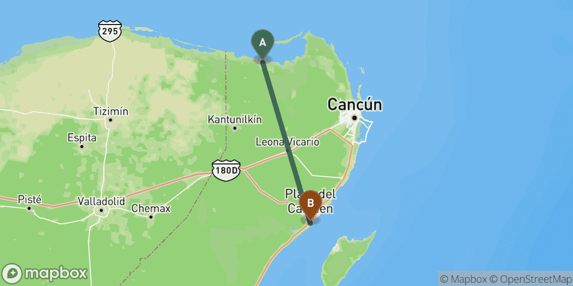 Map showing route from Chiquila to Playa del Carmen - 93 km
