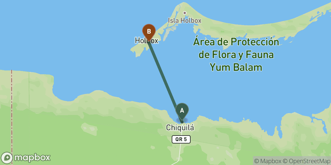 Map showing route from Chiquila to Isla Holbox - 13 km