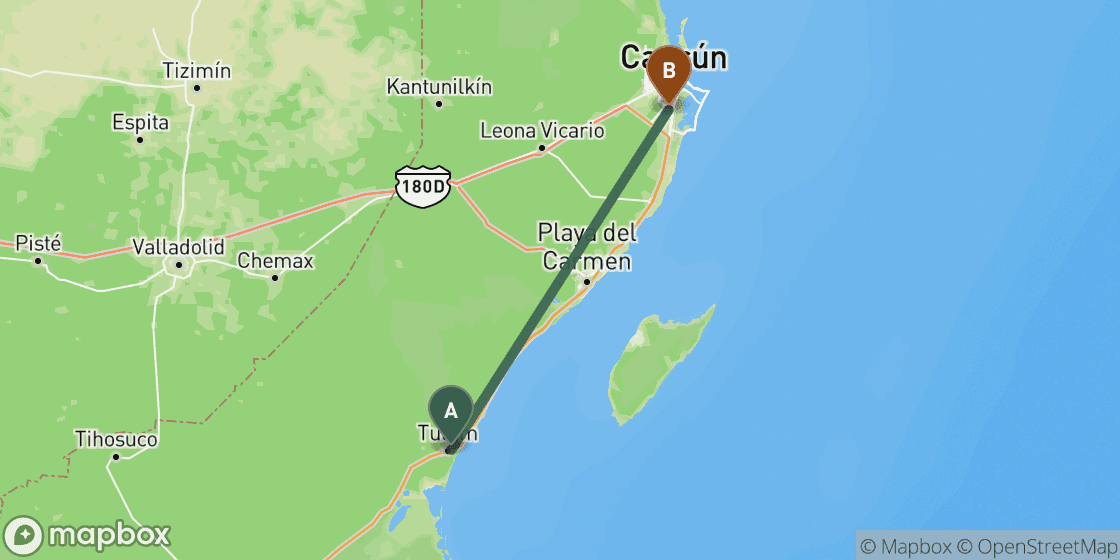 Map showing route from Tulum to Cancun - 125 km