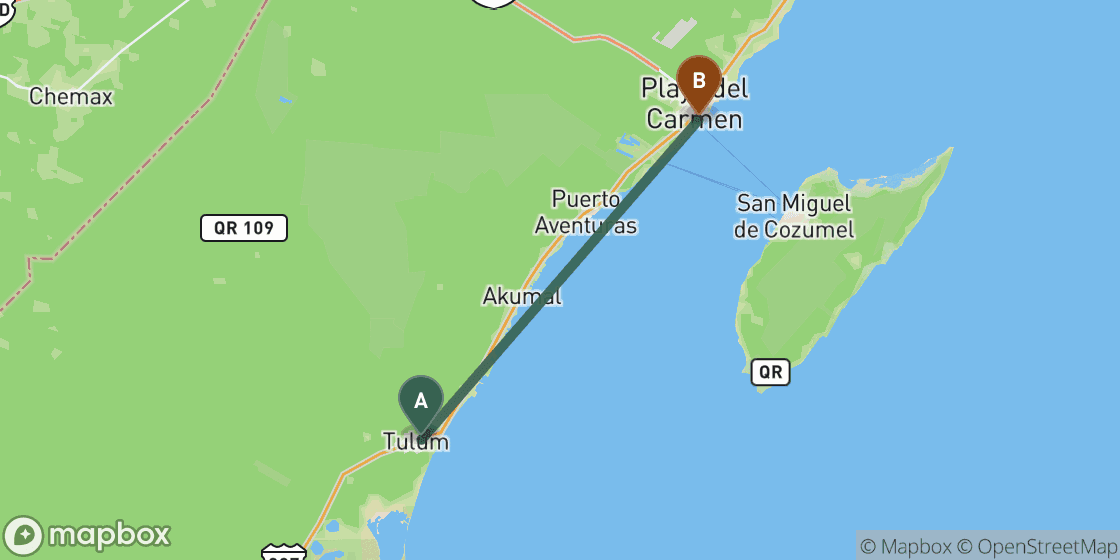 Map showing route from Tulum to Playa del Carmen - 62 km
