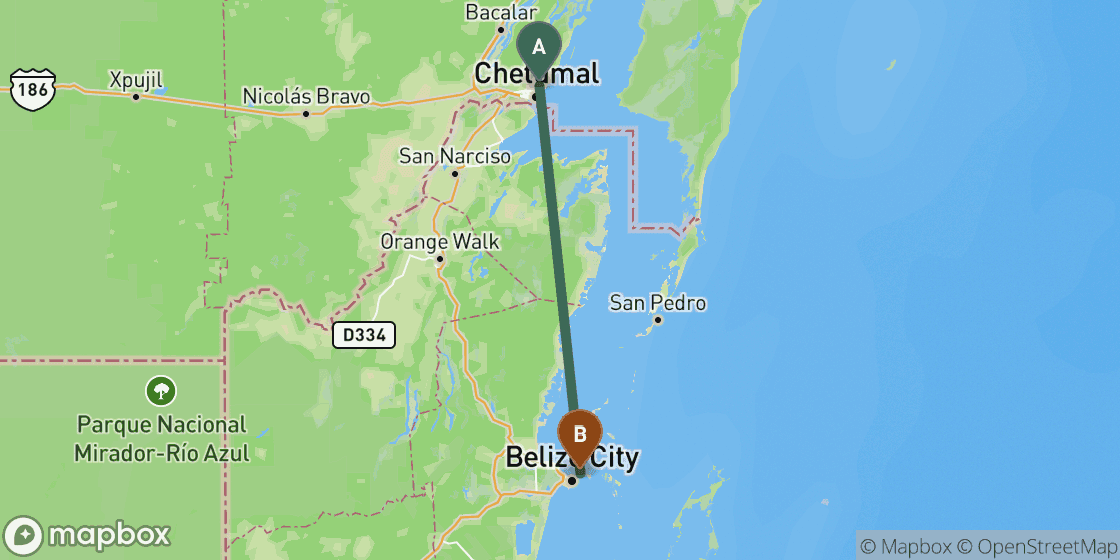 Map showing route from Chetumal to Belize City - 110 km